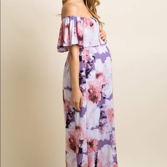 Lavender Floral Ruffle SashTie Maternity MaxiDress - Picture 2 of 4